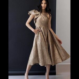 Mac Duggal 67906 Size 6 Gold Brocade One Shoulder Ruffle Midi Gown Dress Pockets